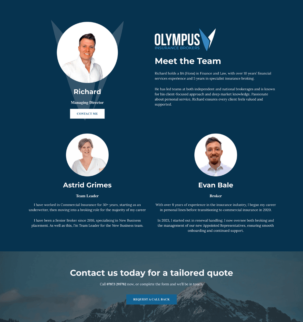 screenshot of olympus insurance website meet the team page