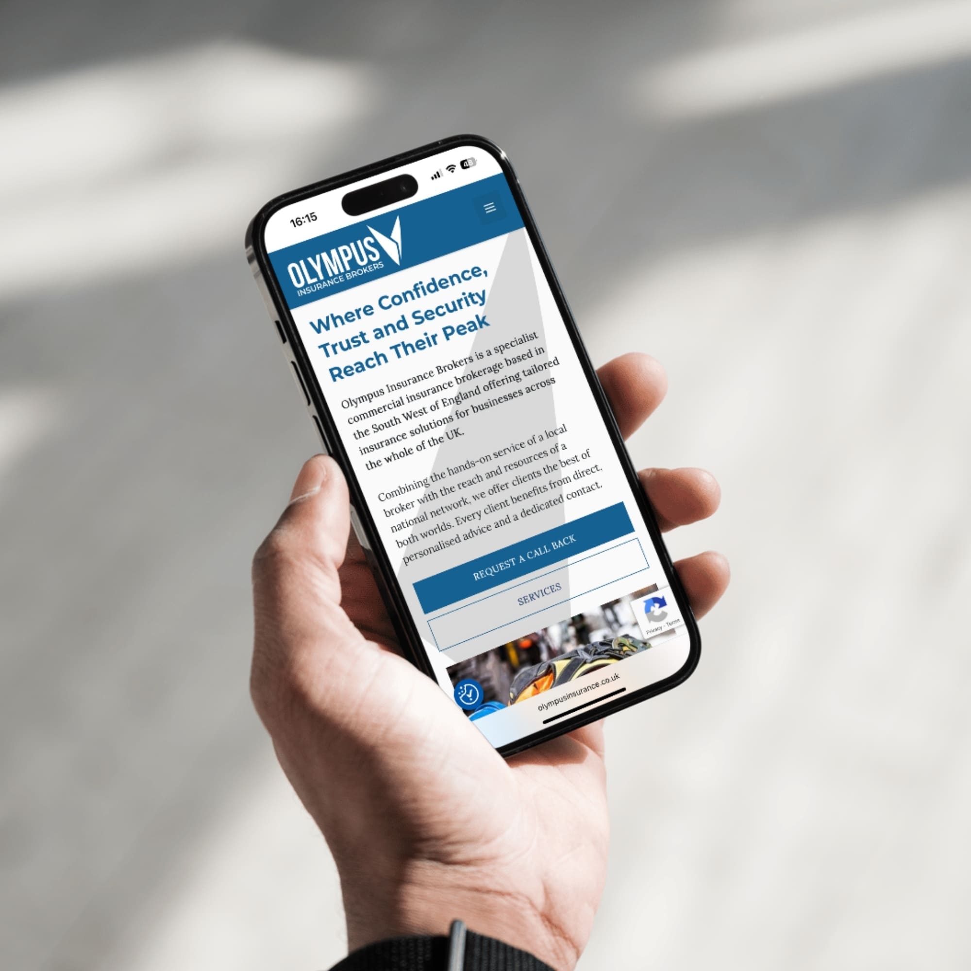 olympus insurance website and seo mockup on mobile